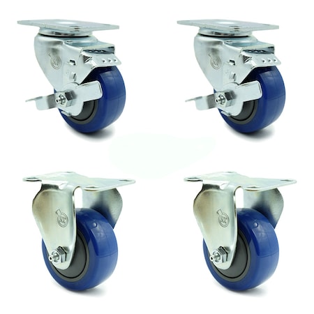 Service Caster 3 Inch Blue Polyurethane Wheel Swivel Top Plate Caster Set with 2 Brake 2 Rigid SCC-20S314-PPUB-BLUE-TLB-TP2-2-R-2